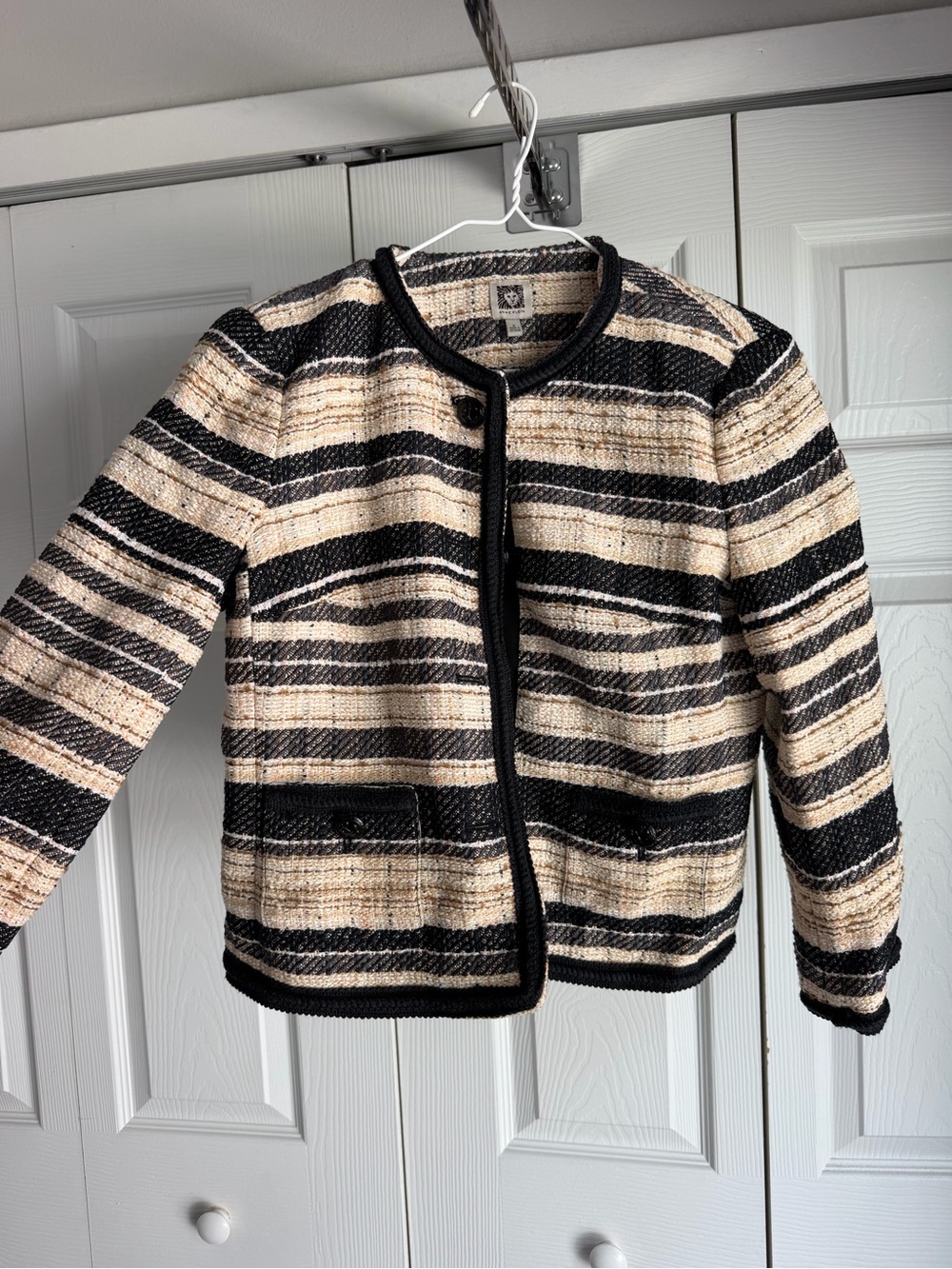 Anne Klein Black and Cream Striped Bouclé Jacket